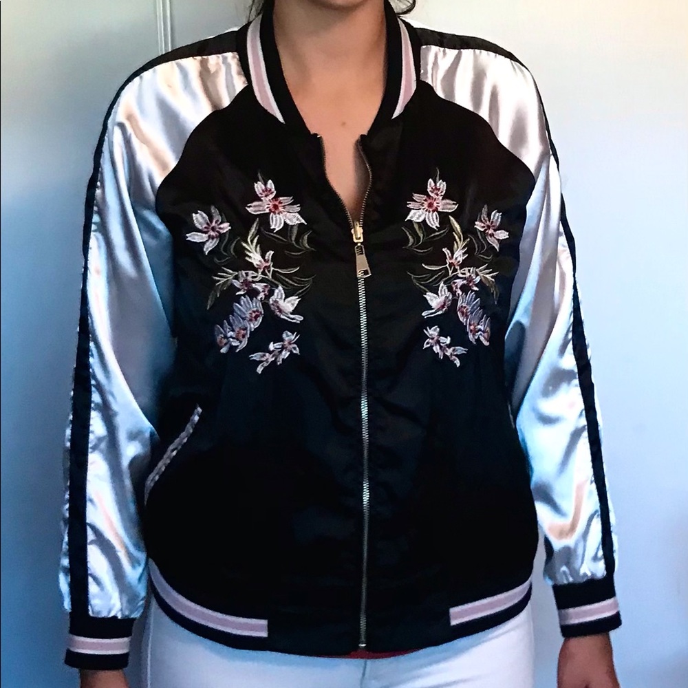 Satin Black, White & Pink Baseball Style Jacket